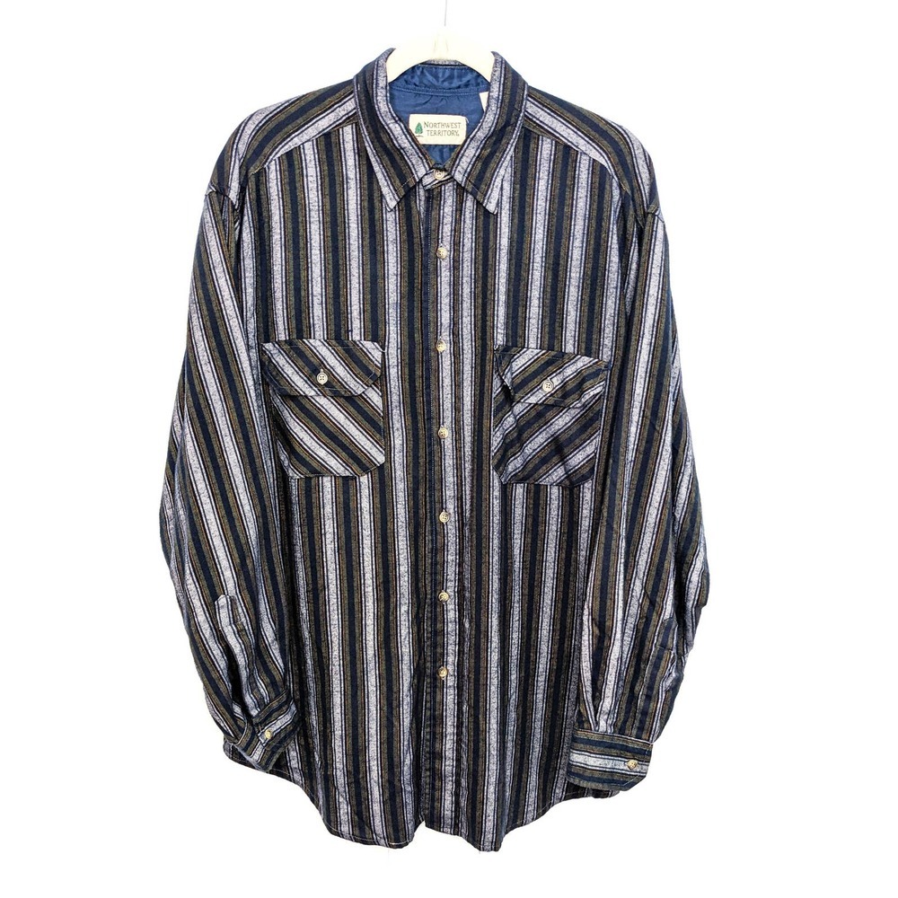 Vintage Northwest Territory Shirt Mens Large Striped Button Up Blue Green 90s